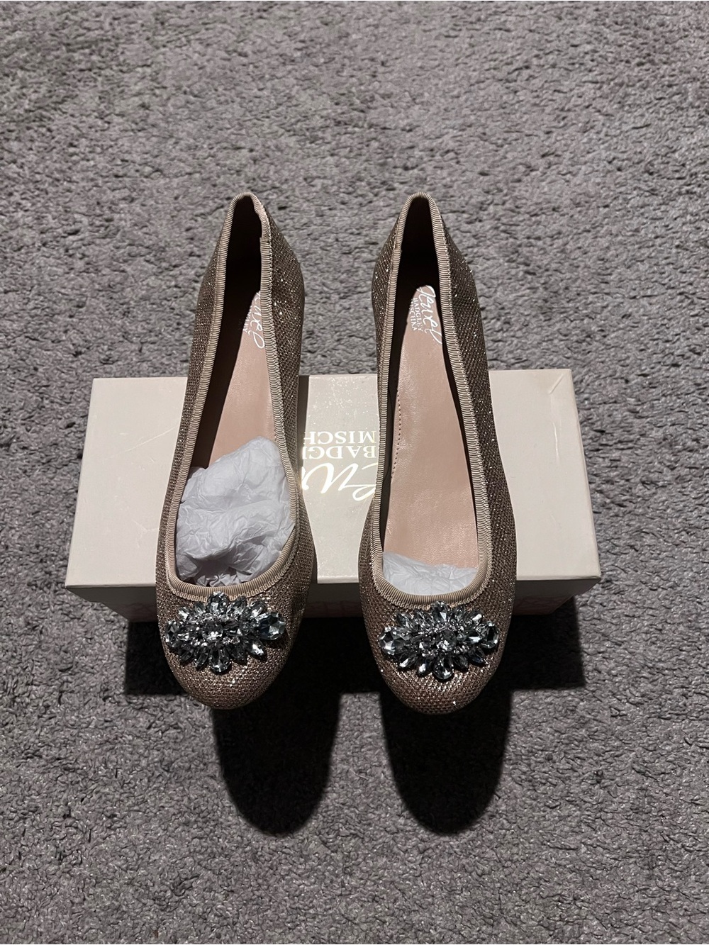 Badgley Mischka Champagne Jeweled Round-Toe Flats